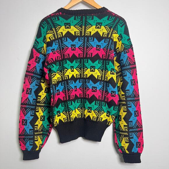 Vintage 80s Hermans Ski Sweater Rainbow Neon Geometric Fair Isle Size Medium - Picture 2 of 8